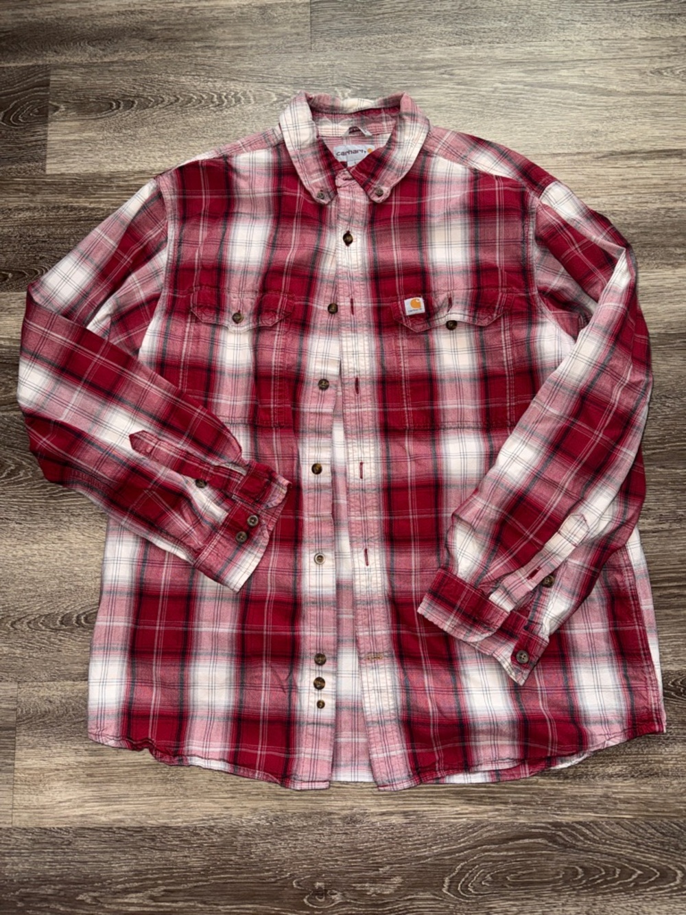 Carhartt Red and White Plaid Button-Down Work Shirt